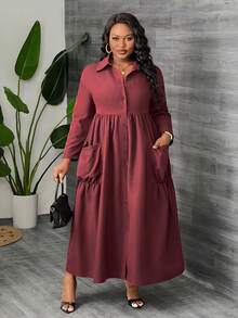 Slaydiva Plus Size Women Elegant Burgundy Long Sleeve Pocket Shirt Dress, Fall - Burgundy - View 8