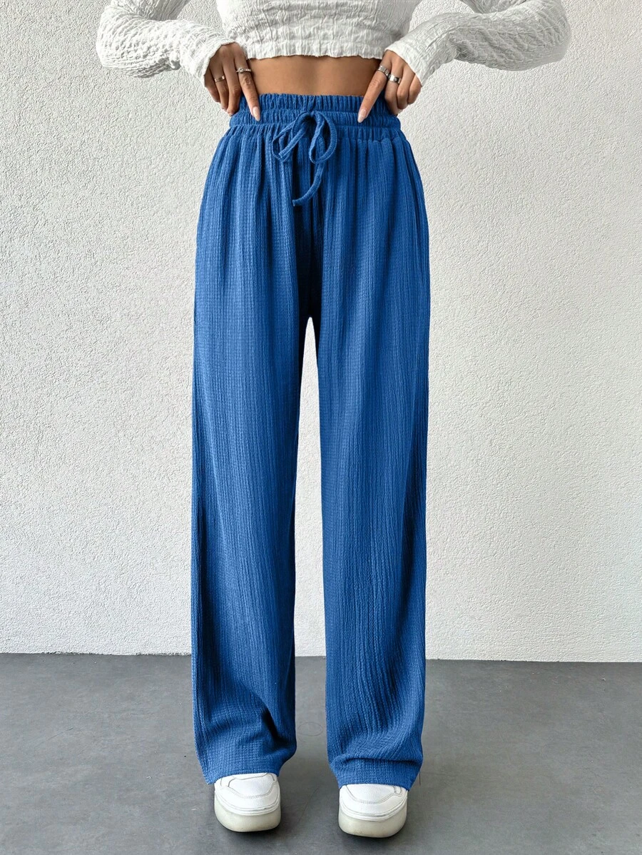 EURMUSE Women Casual Drawstring Waist Wide Leg Design Pants - Blue - View 1