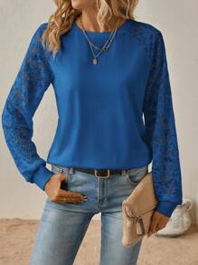 SHEIN Clasi Sudadera de cuello redondo con parches de encaje de unicolor de manga larga para otoño/invierno - azul real - Ver 4