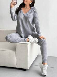 Calvaya Plus Size Casual Textured Stripe V-hals Top En Broek, Dagelijkse Vrijetijdskleding