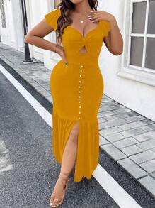 Celure Đầm thanh lịch cổ tim màu trơn mùa hè cỡ lớn cho nữ tay lửng xẻ tà viền xẻ - Màu vàng - Xem 1