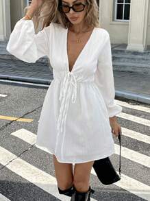 Serisse Women's V-Neck Cinched Waist A-Line Pleated Long Sleeve Textured Fabric Dress,White Dress ,Prom Ball/Uni/Halloween/Patterned Sweater/Patch/Schoolwear For Women/Halloween Sweater/Essentials/Christmas/Women's Office Attire/Basic/Cute,White Graduation Dress Winter New Year Casual Spring - White - View 4