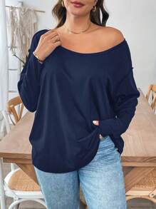 SHEIN Essnce 大码女式秋冬休闲舒适宽松长袖露肩蓝色 T 恤上衣、大码女式 T 恤、服装、秋季服装、不对称上衣、女式上衣、有袖上衣、秋装、可爱上衣、曲线上衣、宽松上衣