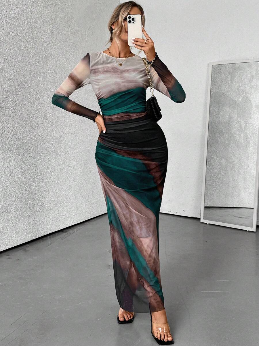 Rafferiza Women's Spring Autumn Tie-Dye Print Crew Neck Long Sleeve Pleated Bodycon Elegant Dress Maxi Women Outfit Fall Cloth For Women - Mint Green - View 1