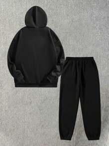 RueChic Men Letter And Rose Printed Regular Hooded Sweatshirt & Pants Set - Black - View 2