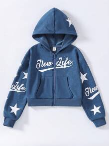 SHEIN Explorewe Star & Letter Print Hooded Sweatshirt For Girls - Blue - View 1