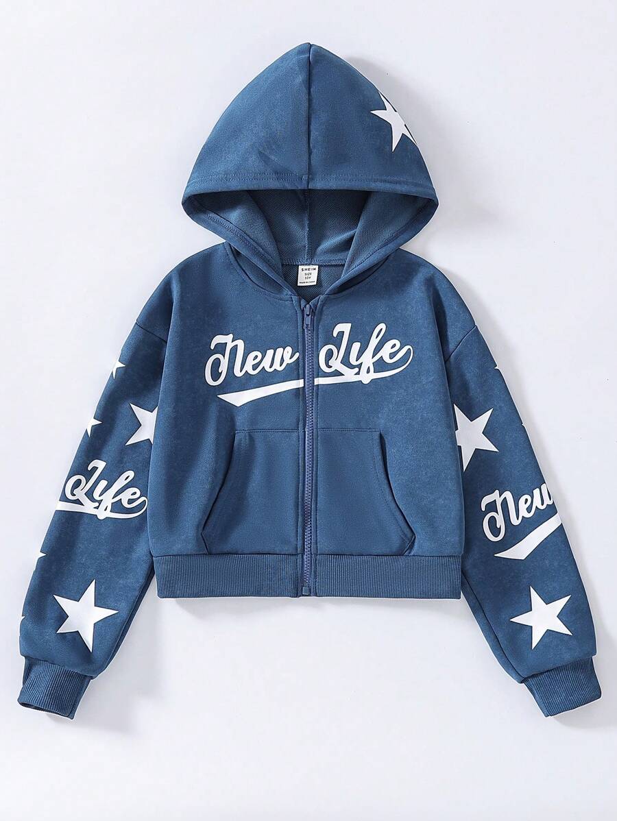 SHEIN Explorewe Star & Letter Print Hooded Sweatshirt For Girls - Blue - View 1