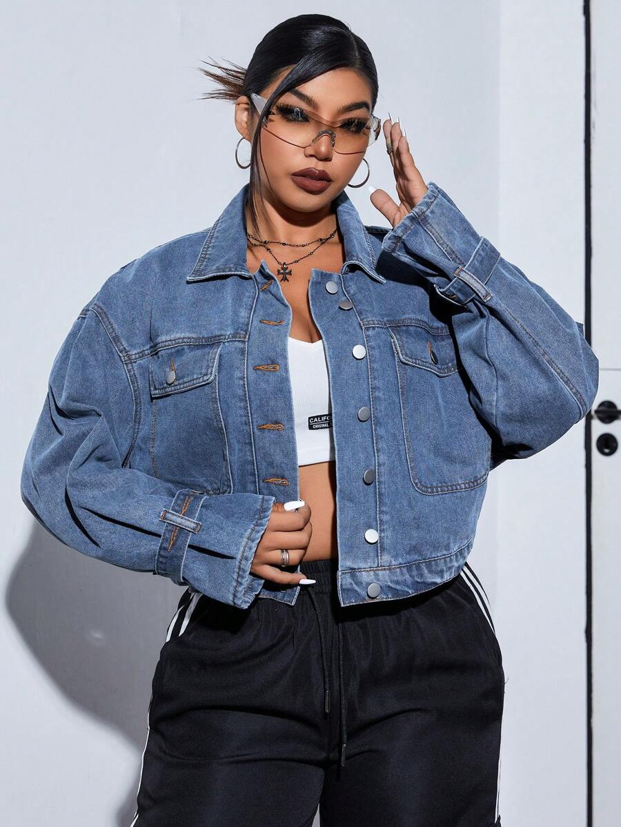 SHEIN ICON Áo khoác denim giản dị đơn giản tay dài cài nút phía trước cỡ lớn - Màu xanh lam - Xem 1
