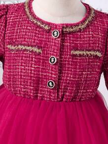 Young Girl Urban Red Tweed Contrast Mesh & Ribbon Accent Decorated Dress - Burgundy - View 3