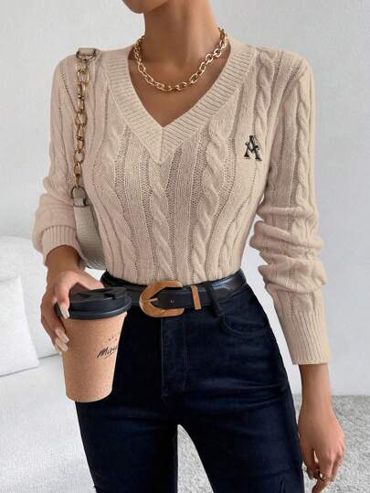 Chiquease Embroidered V-Neck Criss-Cross Long Sleeve Pullover Sweater Knit Pullover Fall Winter