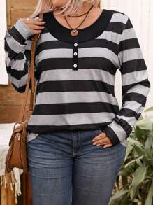 EMERY ROSE Áo thun tay dài in họa tiết sọc cổ tròn cỡ lớn - Nhiều màu - Xem 6