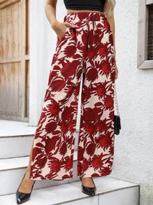 Breezaya Pantalones casuales con estampado completo y lazo delantero para mujer