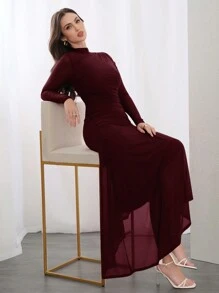 Modelyn Váy dạ hội thanh lịch màu đỏ tía cho nữ, cổ đứng, viền bất đối xứng, xuân/hè - Màu Đỏ Sâu - Xem 3