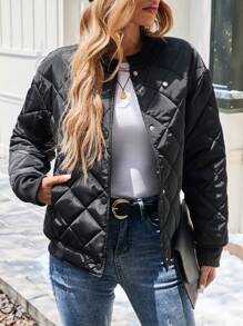 Chiquease Women's Plain Color Long Sleeve Casual Padded Padded Coat With Baseball Collar, Winter Clothes - Black - View 3