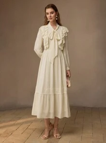 MOTF PREMIUM WOMEN TIE FRONT RUFFLE HEM DRESS - Beige - View 7