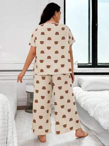 SHEIN Plus Size Dotted Bear Head Print Crew Neck Button Closure Nightwear Set Lounge Wear Setslounge Wear Setnatural Women Pajama Setswomen Lounge Wear - Apricot - View 2