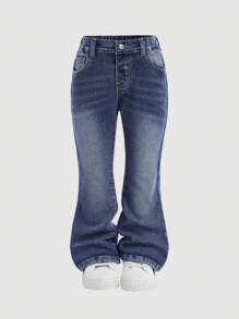 SHEIN 年轻女孩可爱蓝色牛仔保暖内衬喇叭裤，厚牛仔喇叭保暖牛仔裤，女孩秋冬 - 淺色水洗藍 - 查看 2