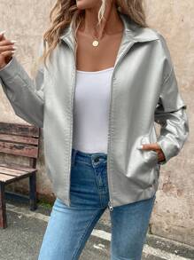 SHEIN LUNE Giacca rivestita in argento per le uscite casual da donna, autunno inverno - Argento - Visualizzare 5