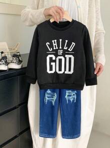 SHEIN Bộ 2 chiếc/Bộ áo nỉ dài tay in chữ tiếng Anh thường ngày cho bé trai và quần denim in họa tiết thể thao, mùa xuân thu - màu đen - Xem 5