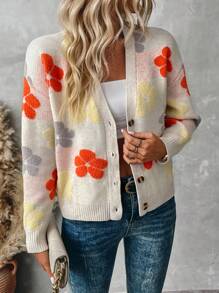 SHEIN LUNE Women's Floral Pattern Drop Shoulder Long Sleeve Loose Casual Cardigan, Autumn/Winter