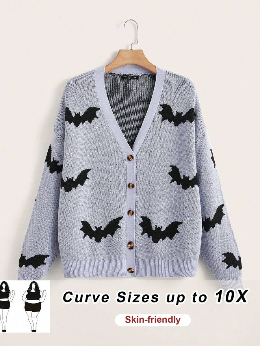 SHEIN CURVE+ Curve Plus V-Neck Front Button Long Sleeve Bat Sweater Cardigan, Winter Fall Halloween