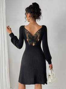 Chiquease Abito corto elegante da donna con patchwork a ricamo di farfalle in in rete e maniche lunghe - nero - Visualizzare 2
