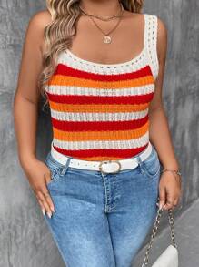 SHEIN LUNE Plus Size Loose Stripes Knit Tank Top, Casual Everyday Wear - Multicolor - View 1