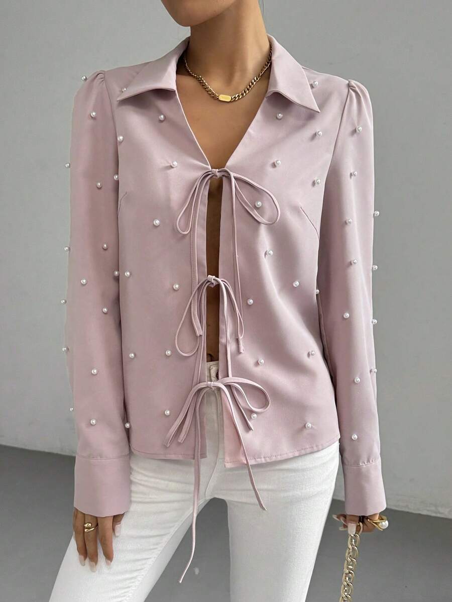 SHEIN Clasi 女式春夏仿珍珠装饰长袖前系带宽松衬衫 - 藕粉色 - 查看 1