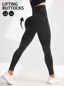 SHEIN Sports 纯色高腰无缝运动紧身裤 - 黑色 - 查看 2