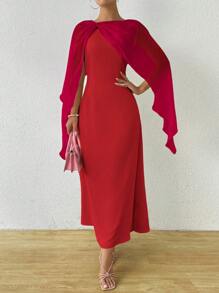 SHEIN ChicEase Đầm dài voan bóng cổ tròn tay lửng trơn - Đỏ - Xem 6