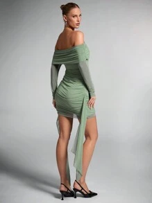 SHEIN BAE Women'sGreen Knitted Mesh Off-Shoulder Ribbon Detail Autumn Long Sleeve Dress,Fairy Core Dress,Elegant Women Dresses