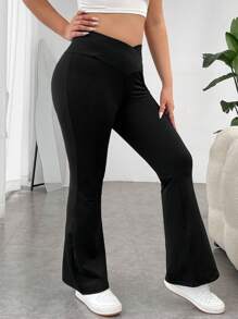 SHEIN Tall CURVE Quần ống loe bó sát lưng cao màu trơn thường ngày cỡ lớn - màu đen - Xem 5
