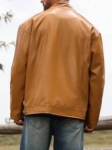Manfinity Nomadique 男士纯色 PU 皮革休闲宽松夹克，适合春秋季节 - 橘色 - 查看 2