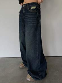 DAZY Blugi largi pentru femei, cu buzunare largi, din denim, casual, Y2K, blugi baggy, haine pentru întoarcerea la școală