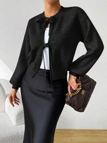 SHEIN Essnce 女士秋冬灰色毛衣 休闲前系带女士开衫 黑色开衫 秋季毛衣