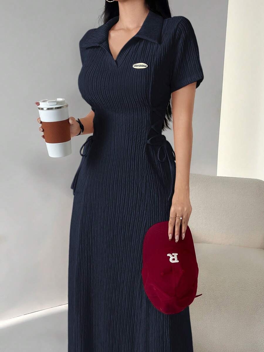 Aidyla 女士纯色贴花系带领短袖连衣裙长款女士装长款晚礼服