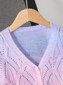 SHEIN 1 chiếc áo len cardigan nhẹ cổ chữ V khoét rỗng màu gradient cho bé gái, mùa hè - Màu đỏ tím - Xem 3