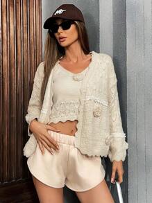 Aveloria 2pcs Solid Color Elegant Floral Decor Cardigan & Tank Top Sweater Set For Women, Autumn