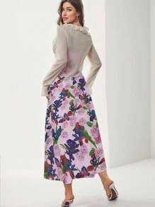 Modelyn 女士優雅假日印花連衣裙，設有荷葉邊透視上衣和內裏連身裙 - 玫紅色 - 查看 2
