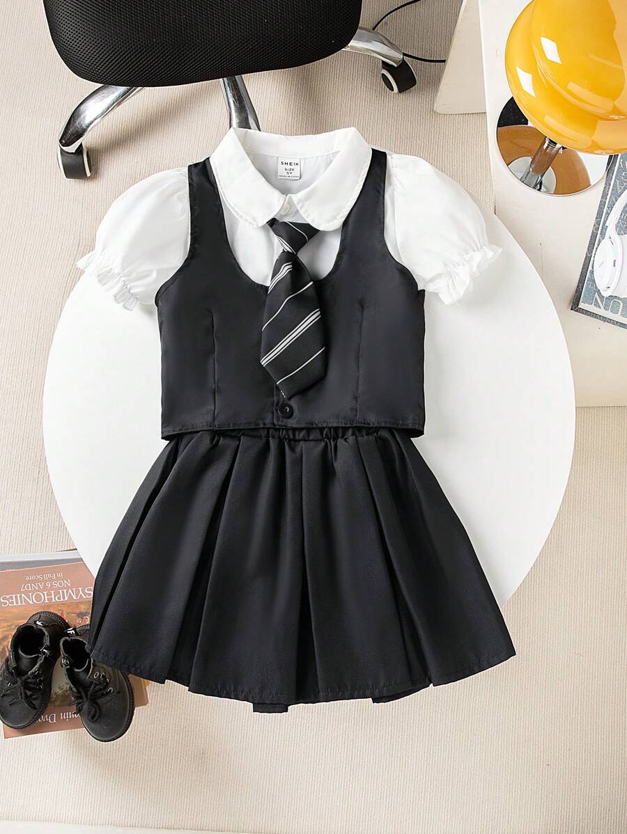 SHEIN 2 件套年轻女孩衬衫领带背心和裙子套装，2024 年夏季新款优雅学院风舒适别致服装 - 黑色 - 查看 1