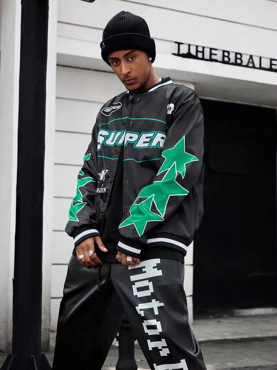 PAVTROS Manfinity Streetrush 2pcsMen's Casual Letter Print Jacket And Trousers Set, Autumn,Street Men Two Pieces Outfits,Men Tracksuit - Black - View 1