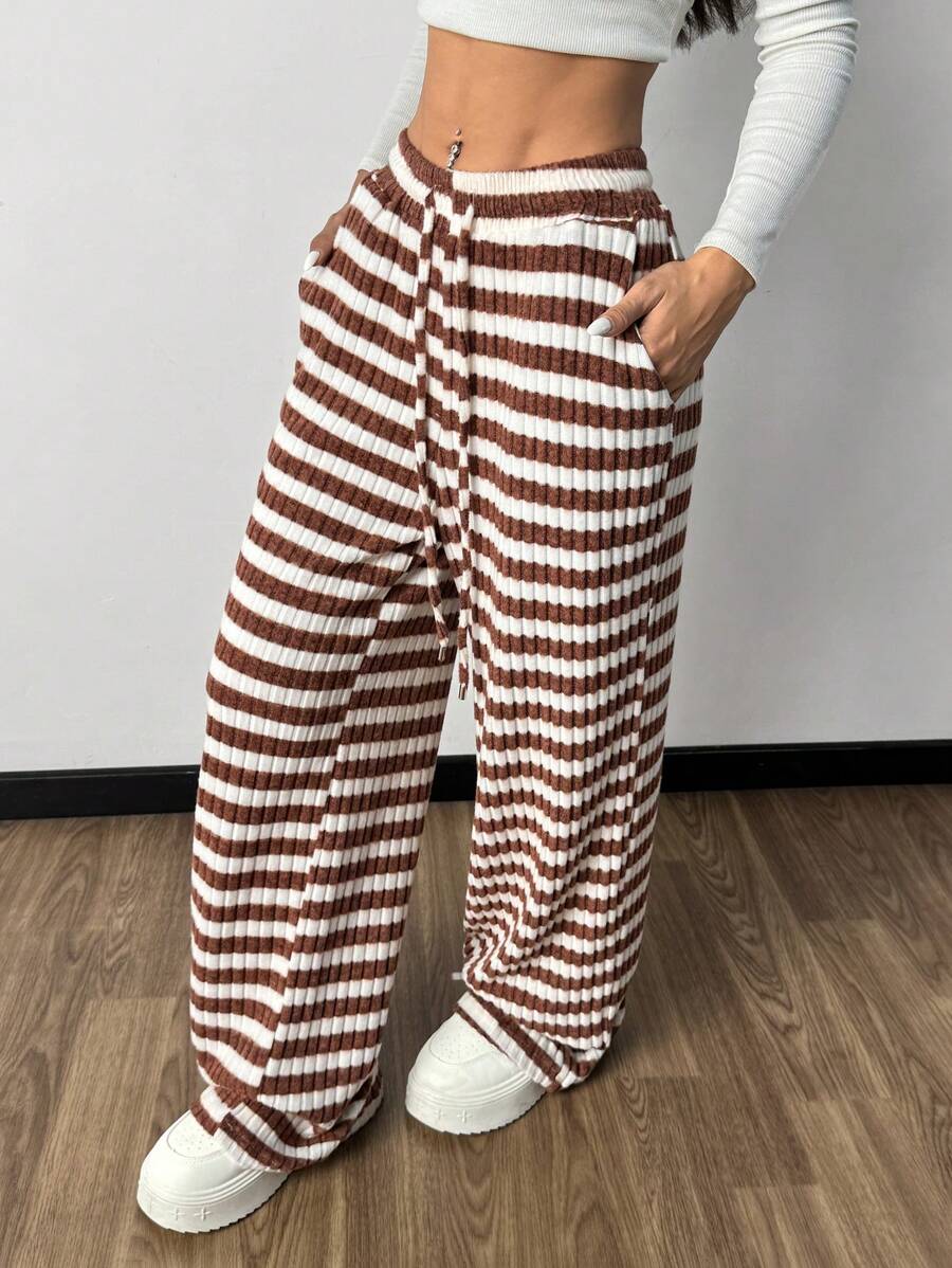 SHEIN Essnce Pantalones informales con bolsillos y nudo delantero a rayas - Rojo y blanco - Ver 1