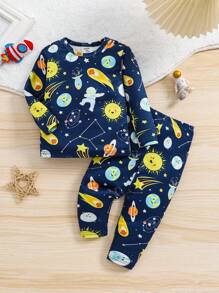 SHEIN Bộ đồ ngủ dài tay in hình hành tinh và phi hành gia hoạt hình cho bé trai 2 món vừa vặn phát sáng trong bóng tối - Nhiều màu - Xem 3