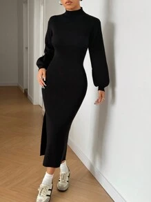 SHEIN EZwear Women's Solid Color Stand Collar Long Sleeve Split Hem Knit Sweater Dress, Casual - Black - View 6