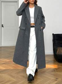 SHEIN EZwear 1pc Women's Grey Woven Double-Breasted Long Sleeve Overcoat