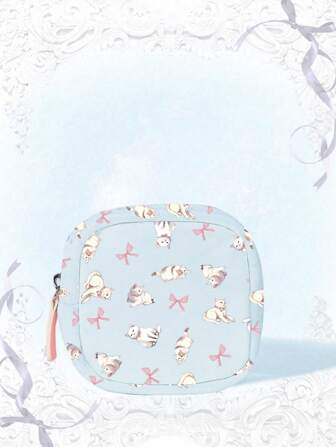 Kawaii Cartera de monedas/Bolsa de maquillaje impresa con diseño completo de lazo y gatito