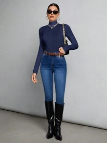 SHEIN Tall Simple Solid Color Slim High Collar Top Suitable For Autumn And Winter - Navy Blue - View 7