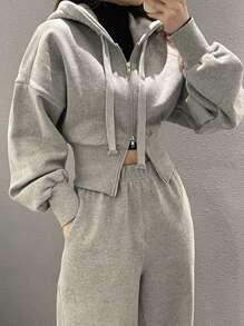 DAZY Women Solid Color High Waist Hooded Zip-Up Sweatshirt,Fall Clothes Jacket Hoodies - Grey - View 4