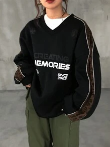 FRIFUL 女士秋冬宽松 V 领落肩豹纹拼布运动衫、七分袖上衣 - 黑色 - 查看 5