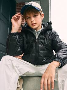 SHEIN Abrigo casual acolchado con capucha con cremallera y textura para niño preadolescente